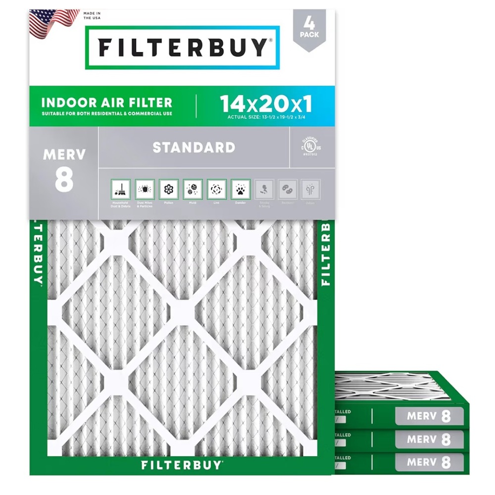 Filterbuy 14x20x1 Air Filter (4-Pack) Electrostatic Pleated HVAC AC Furnace